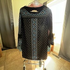 LOFT Black and Blue Geometric Long Sleeve Dress
